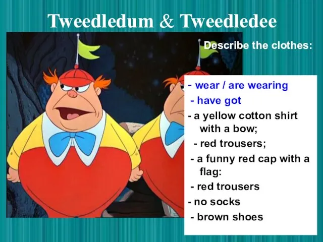 Tweedledum & Tweedledee - wear / are wearing - have got - a