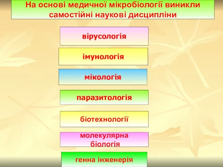 На основі медичної мікробіології виникли самостійні наукові дисципліни вірусологія імунологія