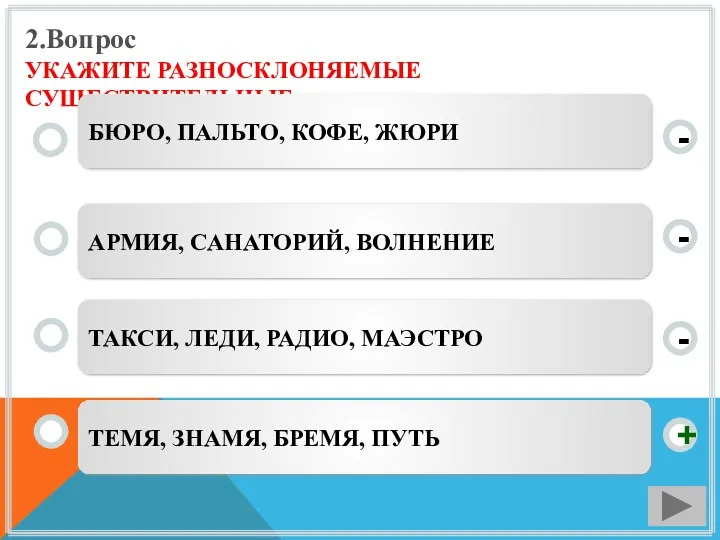 2.Вопрос УКАЖИТЕ РАЗНОСКЛОНЯЕМЫЕ СУЩЕСТВИТЕЛЬНЫЕ ТЕМЯ, ЗНАМЯ, БРЕМЯ, ПУТЬ АРМИЯ, САНАТОРИЙ,