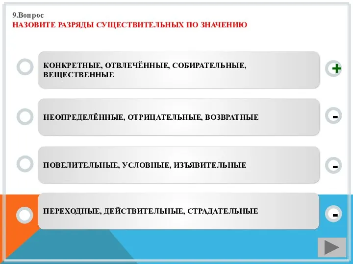 9.Вопрос НАЗОВИТЕ РАЗРЯДЫ СУЩЕСТВИТЕЛЬНЫХ ПО ЗНАЧЕНИЮ КОНКРЕТНЫЕ, ОТВЛЕЧЁННЫЕ, СОБИРАТЕЛЬНЫЕ, ВЕЩЕСТВЕННЫЕ НЕОПРЕДЕЛЁННЫЕ, ОТРИЦАТЕЛЬНЫЕ, ВОЗВРАТНЫЕ