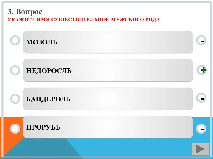 3. Вопрос УКАЖИТЕ ИМЯ СУЩЕСТВИТЕЛЬНОЕ МУЖСКОГО РОДА МОЗОЛЬ НЕДОРОСЛЬ БАНДЕРОЛЬ ПРОРУБЬ - - + -