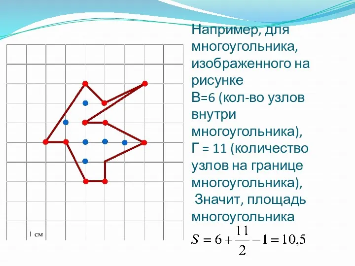 Например, для многоугольника, изображенного на рисунке В=6 (кол-во узлов внутри