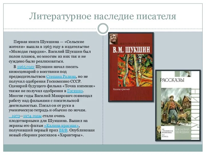 Литературное наследие писателя Первая книга Шукшина — «Сельские жители» вышла