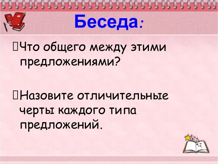 Беседа: Что общего между этими предложениями? Назовите отличительные черты каждого типа предложений.