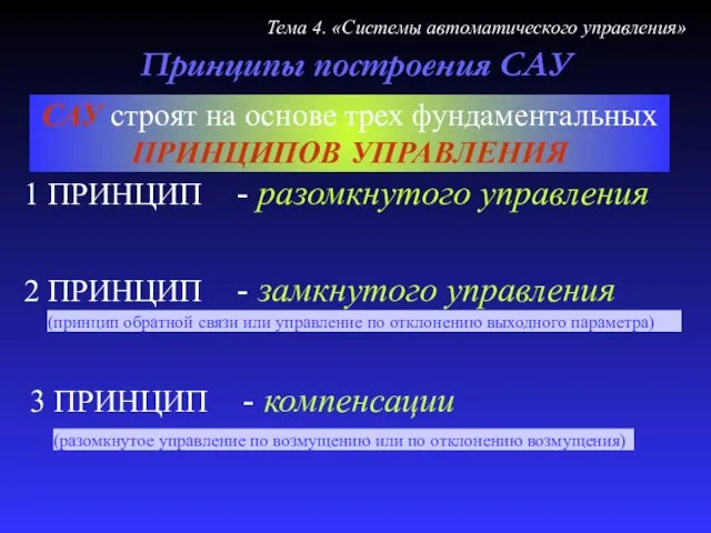 Принципы построения САУ САУ строят на основе трех фундаментальных ПРИНЦИПОВ