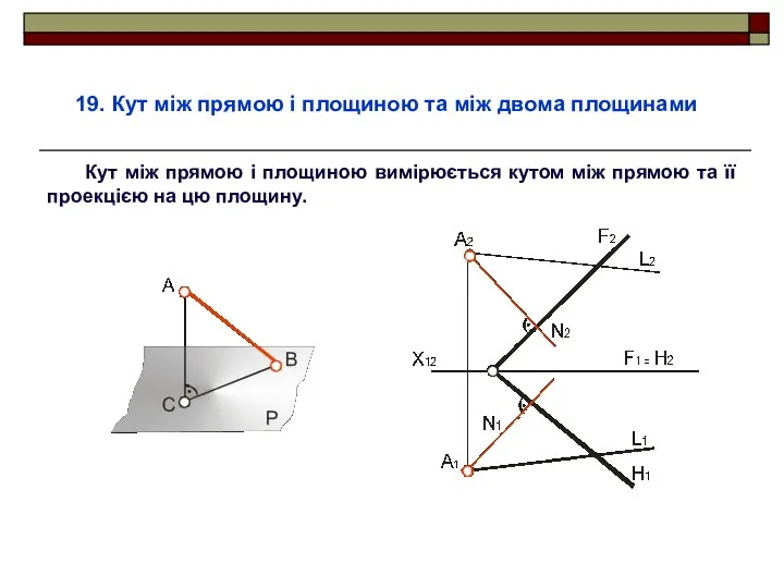 19. Кут між прямою і площиною та між двома площинами Кут між прямою