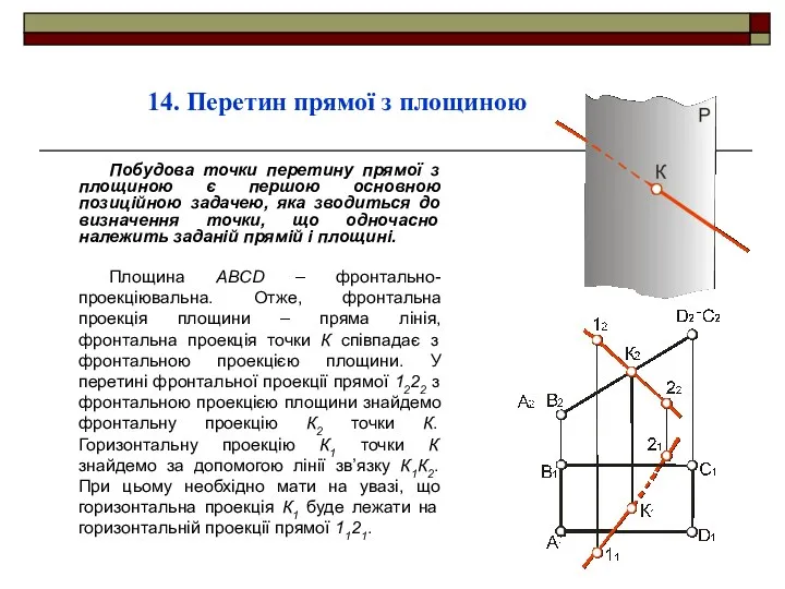 14. Перетин прямої з площиною Побудова точки перетину прямої з площиною є першою