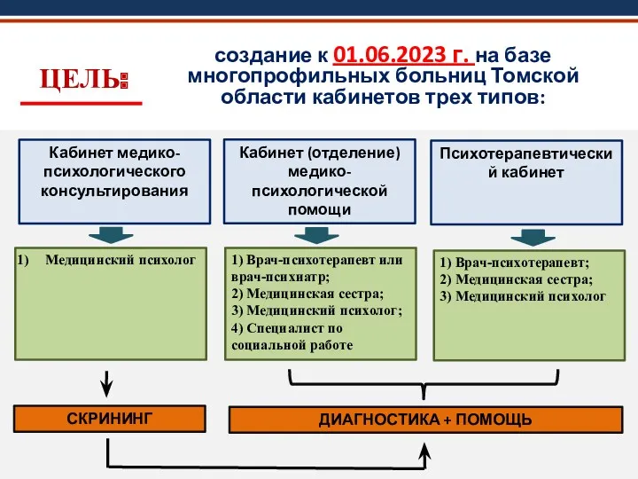 создание к 01.06.2023 г. на базе многопрофильных больниц Томской области кабинетов трех типов: