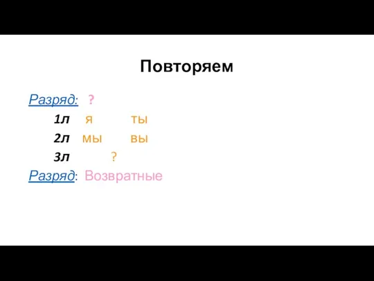 Повторяем Разряд: ? 1л я ты 2л мы вы 3л ? Разряд: Возвратные