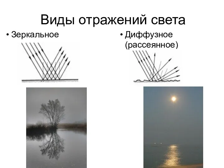 Виды отражений света Зеркальное Диффузное (рассеянное)