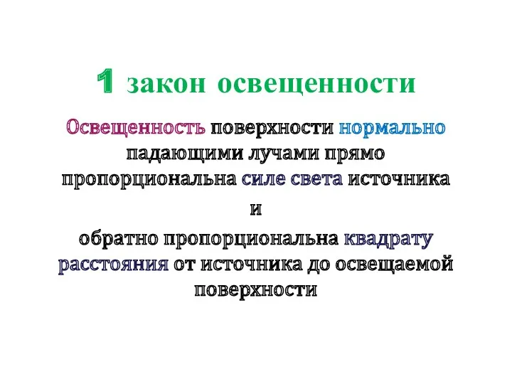 1 закон освещенности Освещенность поверхности нормально падающими лучами прямо пропорциональна