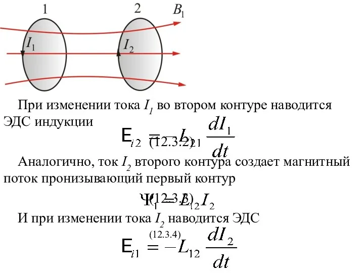 При изменении тока I1 во втором контуре наводится ЭДС индукции