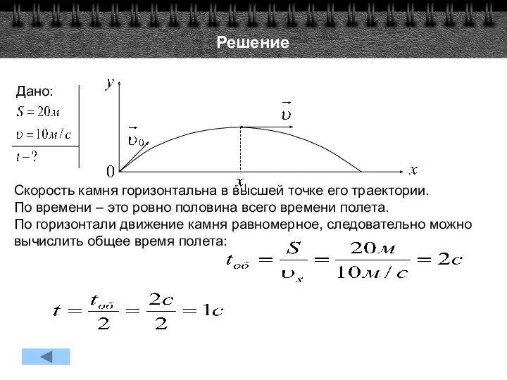 Решение Дано: Скорость камня горизонтальна в высшей точке его траектории.