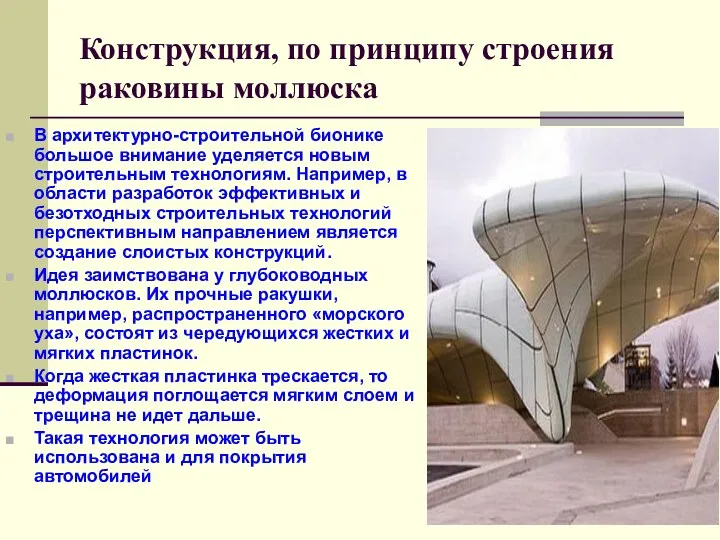 Конструкция, по принципу строения раковины моллюска В архитектурно-строительной бионике большое