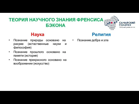 ТЕОРИЯ НАУЧНОГО ЗНАНИЯ ФРЕНСИСА БЭКОНА Наука Познание природы основано на