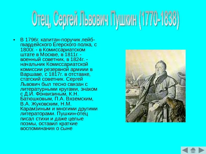 В 1796г. капитан-поручик лейб-гвардейского Егерского полка, с 1800г. - в