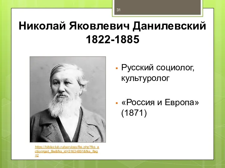 Николай Яковлевич Данилевский 1822-1885 Русский социолог, культуролог «Россия и Европа» (1871) https://biblioclub.ru/services/fks.php?fks_action=get_file&fks_id=31634891&fks_flag=2