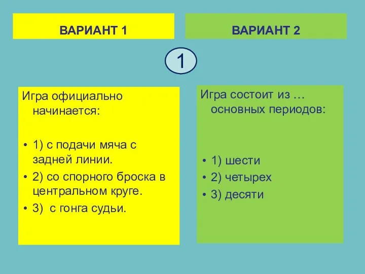 ВАРИАНТ 1 Игра официально начинается: 1) с подачи мяча с