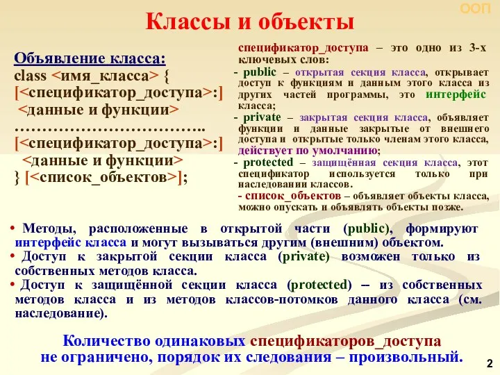 Объявление класса: class { [ :] …………………………….. [ :] }