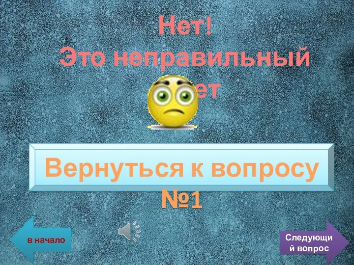 Нет! Это неправильный ответ Вернуться к вопросу №1 в начало Следующий вопрос