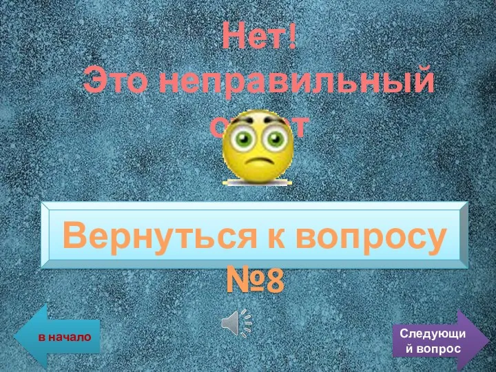 Нет! Это неправильный ответ Вернуться к вопросу №8 в начало Следующий вопрос