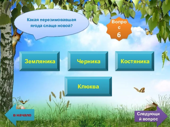 Какая перезимовавшая ягода слаще новой? Земляника Черника Костяника Клюква Вопрос 6 в начало Следующий вопрос