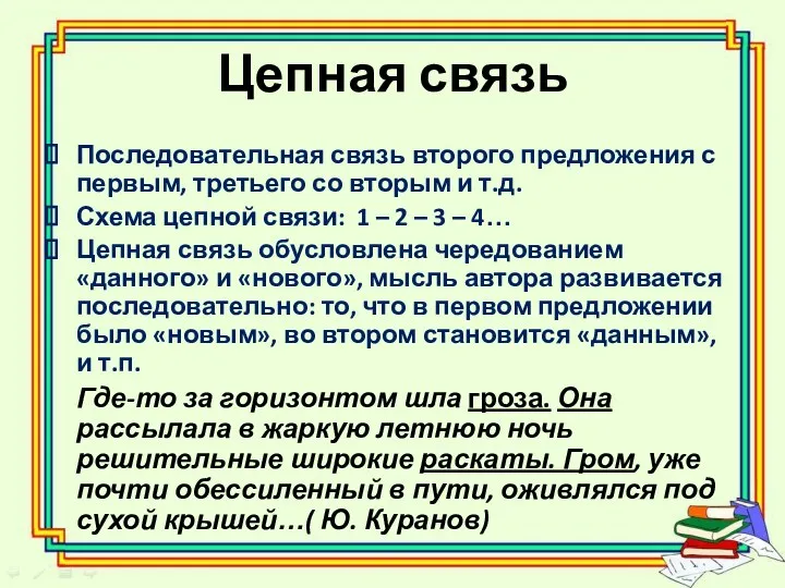 Цепная связь Последовательная связь второго предложения с первым, третьего со