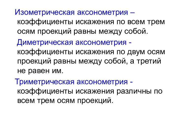 Изометрическая аксонометрия – коэффициенты искажения по всем трем осям проекций