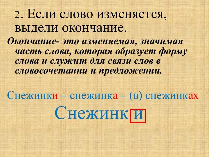 2. Если слово изменяется, выдели окончание. Окончание- это изменяемая, значимая