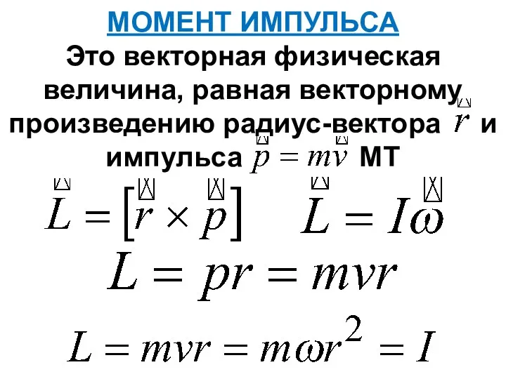 МОМЕНТ ИМПУЛЬСА Это векторная физическая величина, равная векторному произведению радиус-вектора и импульса МТ