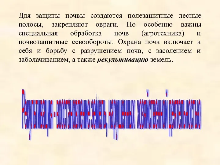 Для защиты почвы создаются полезащитные лесные полосы, закрепляют овраги. Но