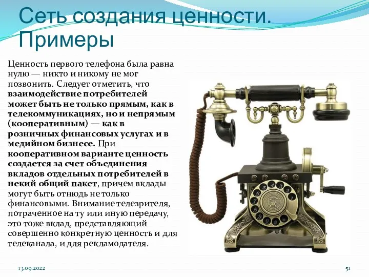 Сеть создания ценности. Примеры Ценность первого телефона была равна нулю — никто и