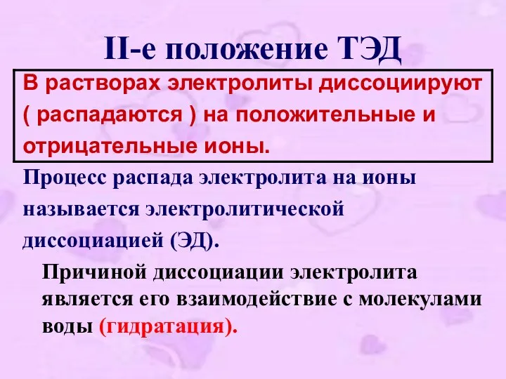 II-е положение ТЭД В растворах электролиты диссоциируют ( распадаются )