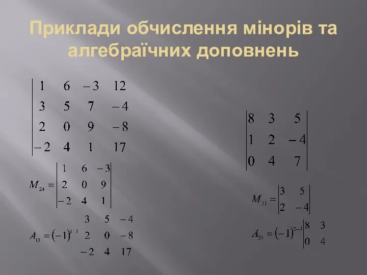 Приклади обчислення мінорів та алгебраїчних доповнень