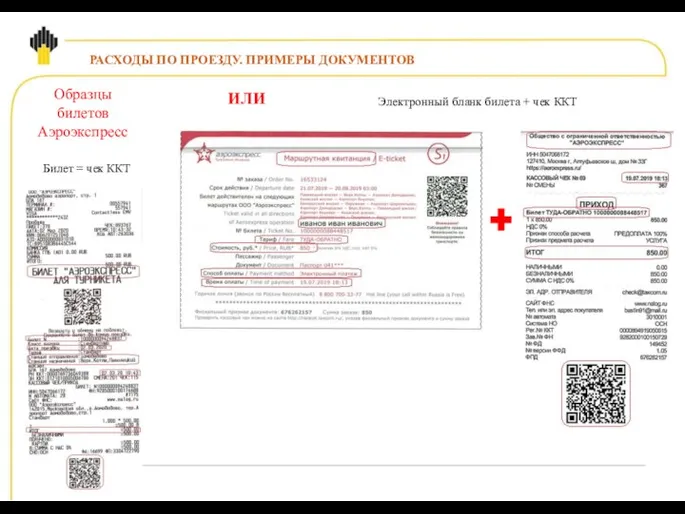 РАСХОДЫ ПО ПРОЕЗДУ. ПРИМЕРЫ ДОКУМЕНТОВ Образцы билетов Аэроэкспресс Билет =