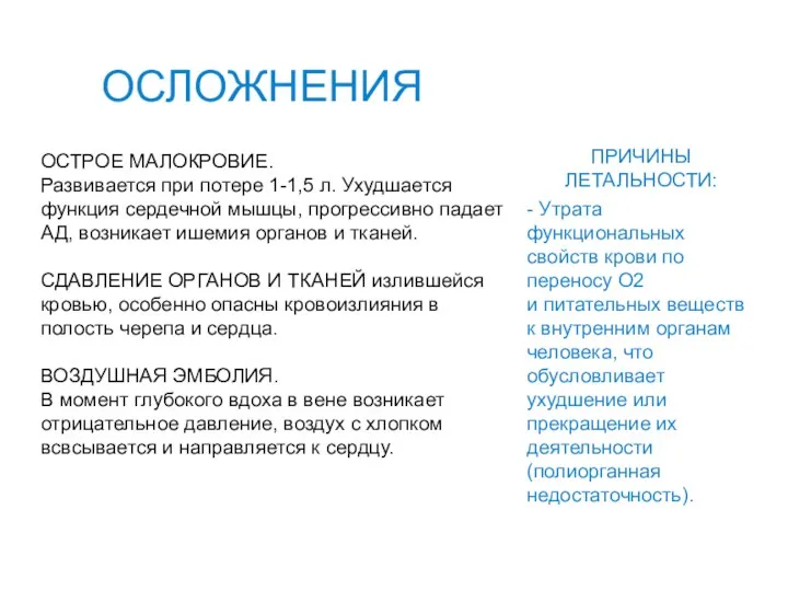 ОСЛОЖНЕНИЯ ОСТРОЕ МАЛОКРОВИЕ. Развивается при потере 1-1,5 л. Ухудшается функция