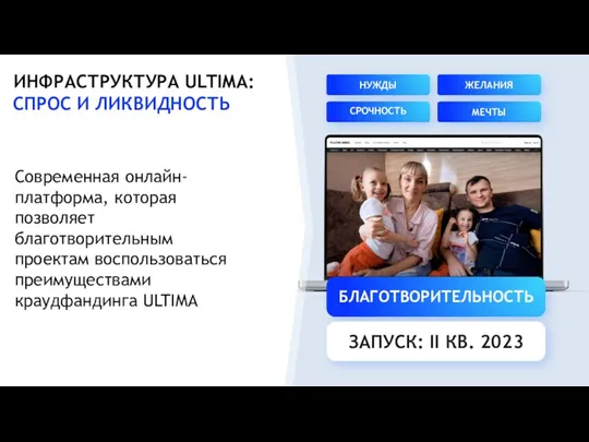 ИНФРАСТРУКТУРА ULTIMA: СПРОС И ЛИКВИДНОСТЬ Современная онлайн-платформа, которая позволяет благотворительным проектам воспользоваться преимуществами краудфандинга ULTIMA