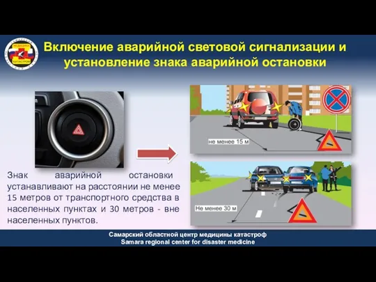 Включение аварийной световой сигнализации и установление знака аварийной остановки Знак