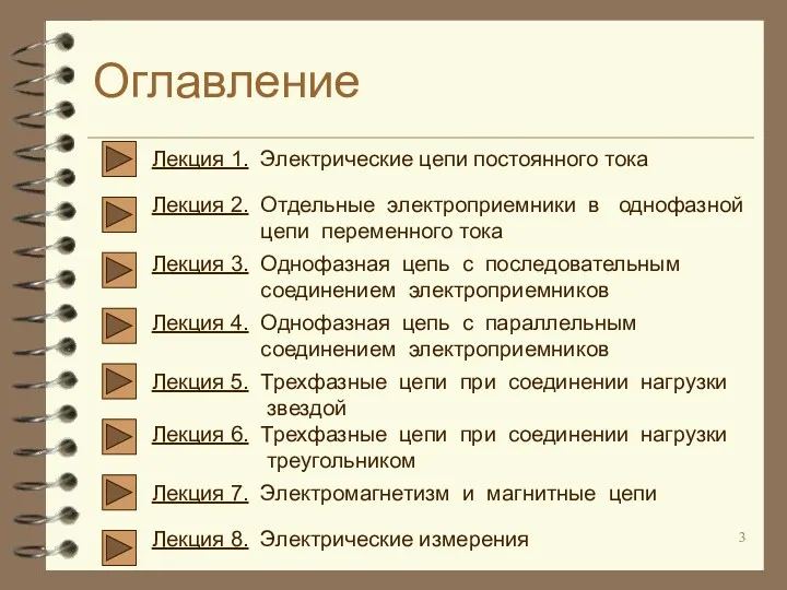 Оглавление Лекция 1. Электрические цепи постоянного тока Лекция 2. Отдельные электроприемники в однофазной