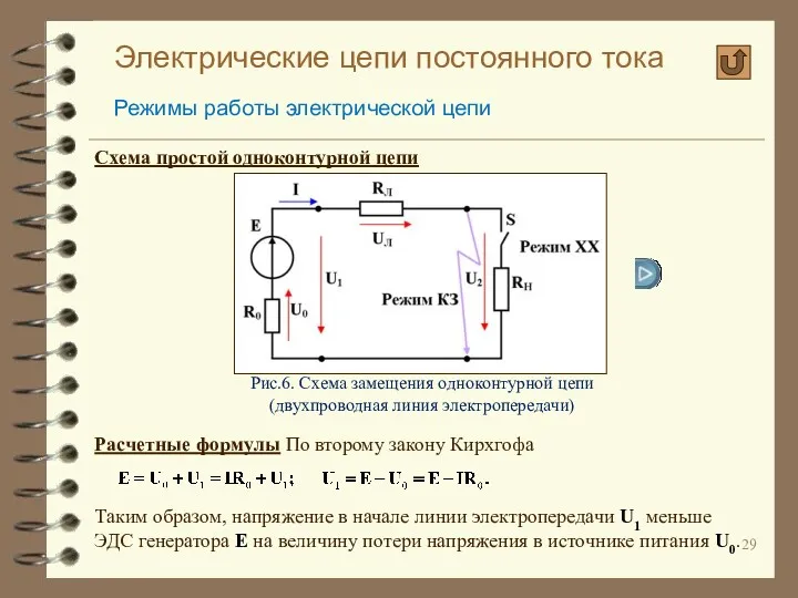 Электрические цепи постоянного тока Режимы работы электрической цепи Схема простой одноконтурной цепи Расчетные