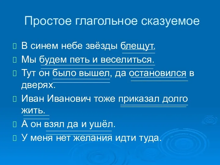 Простое глагольное сказуемое В синем небе звёзды блещут. Мы будем