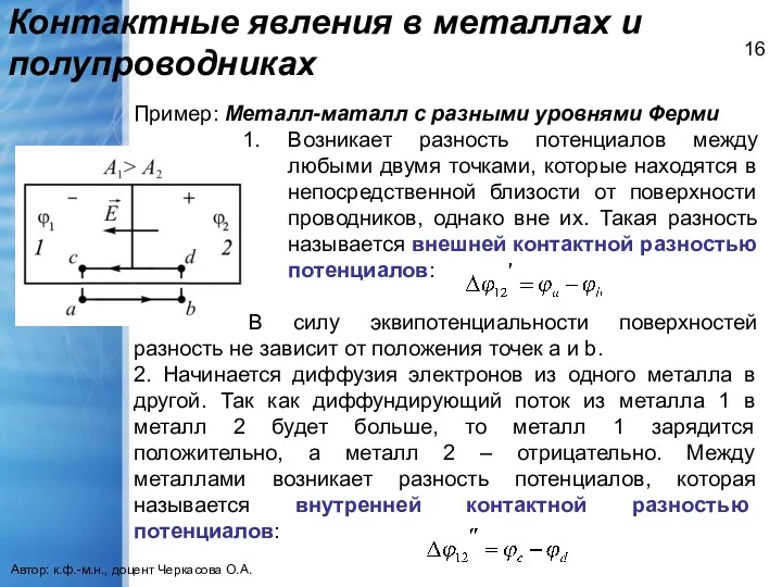 Контактные явления в металлах и полупроводниках Автор: к.ф.-м.н., доцент Черкасова