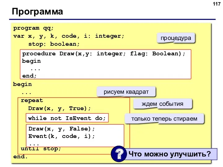 Программа program qq; var x, y, k, code, i: integer;