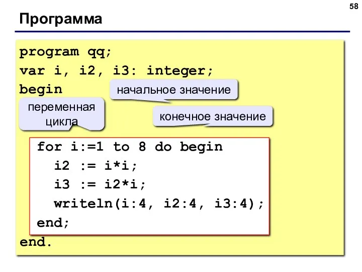 Программа program qq; var i, i2, i3: integer; begin for