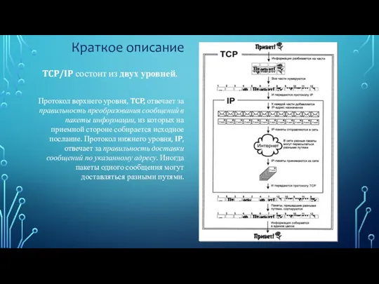 Краткое описание TCP/IP состоит из двух уровней. Протокол верхнего уровня,