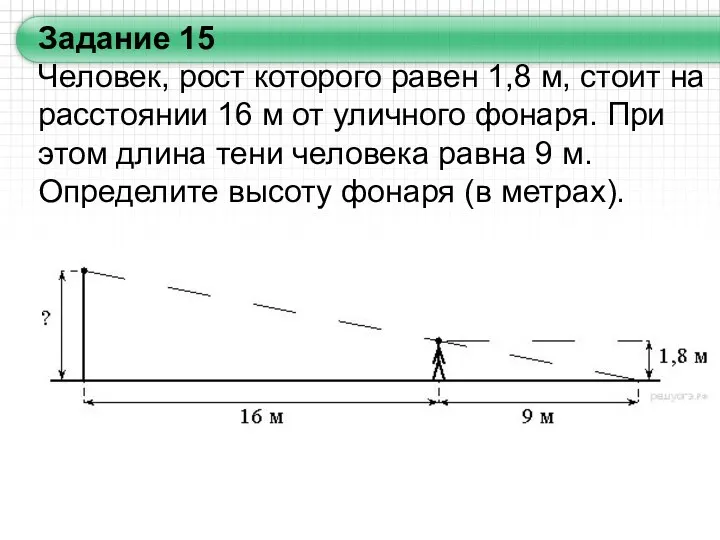 Задание 15 Человек, рост которого равен 1,8 м, стоит на расстоянии 16 м