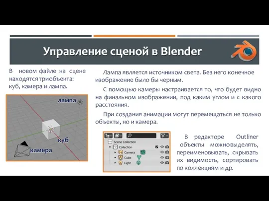 Управление сценой в Blender В новом файле на сцене находятся