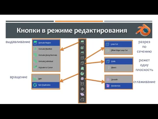 Кнопки в режиме редактирования вращение разрез по сечению режет одну плоскость сглаживание выдавливание