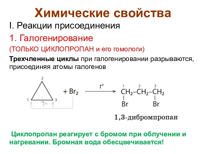 Химические свойства I. Реакции присоединения 1. Галогенирование (ТОЛЬКО ЦИКЛОПРОПАН и