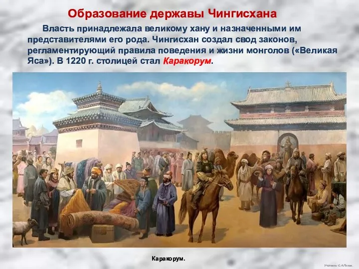Учитель: С.А.Попов. Образование державы Чингисхана Власть принадлежала великому хану и
